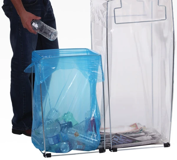 Bag Buddy Bag Holders - Recycle Pack person dropping plastic bottle into trash bag