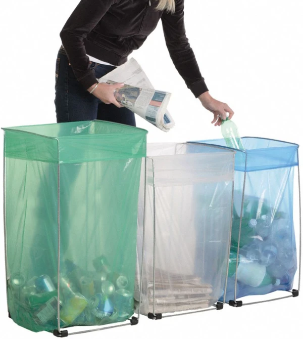 Value Bag Buddy on white background with woman Dropping Plastic Bottle into Blue Bag