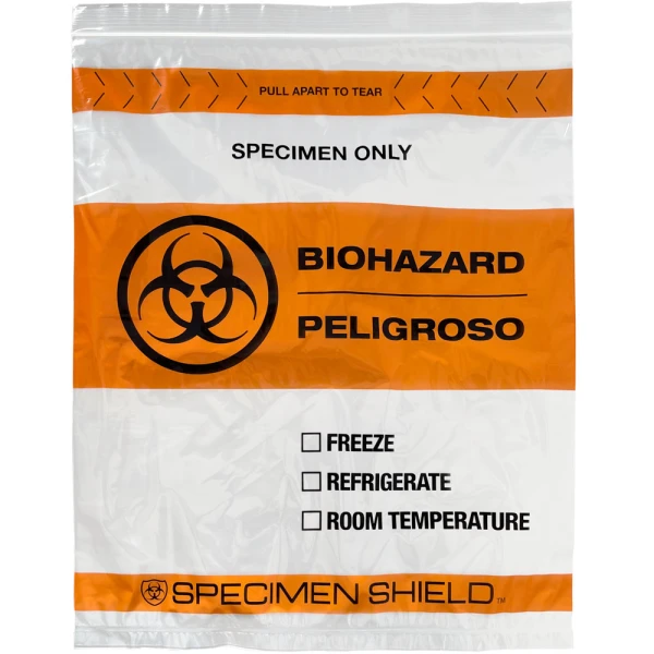 Front of 12 x 15 Specimen Shield Tear Pouch Bags Black and Orange