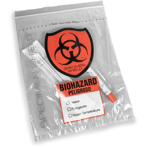 8x10 3 Wall 2 Mil Specimen Shield Zipper Locking Tear Pouch Bags with Tube Samples Inside Bag