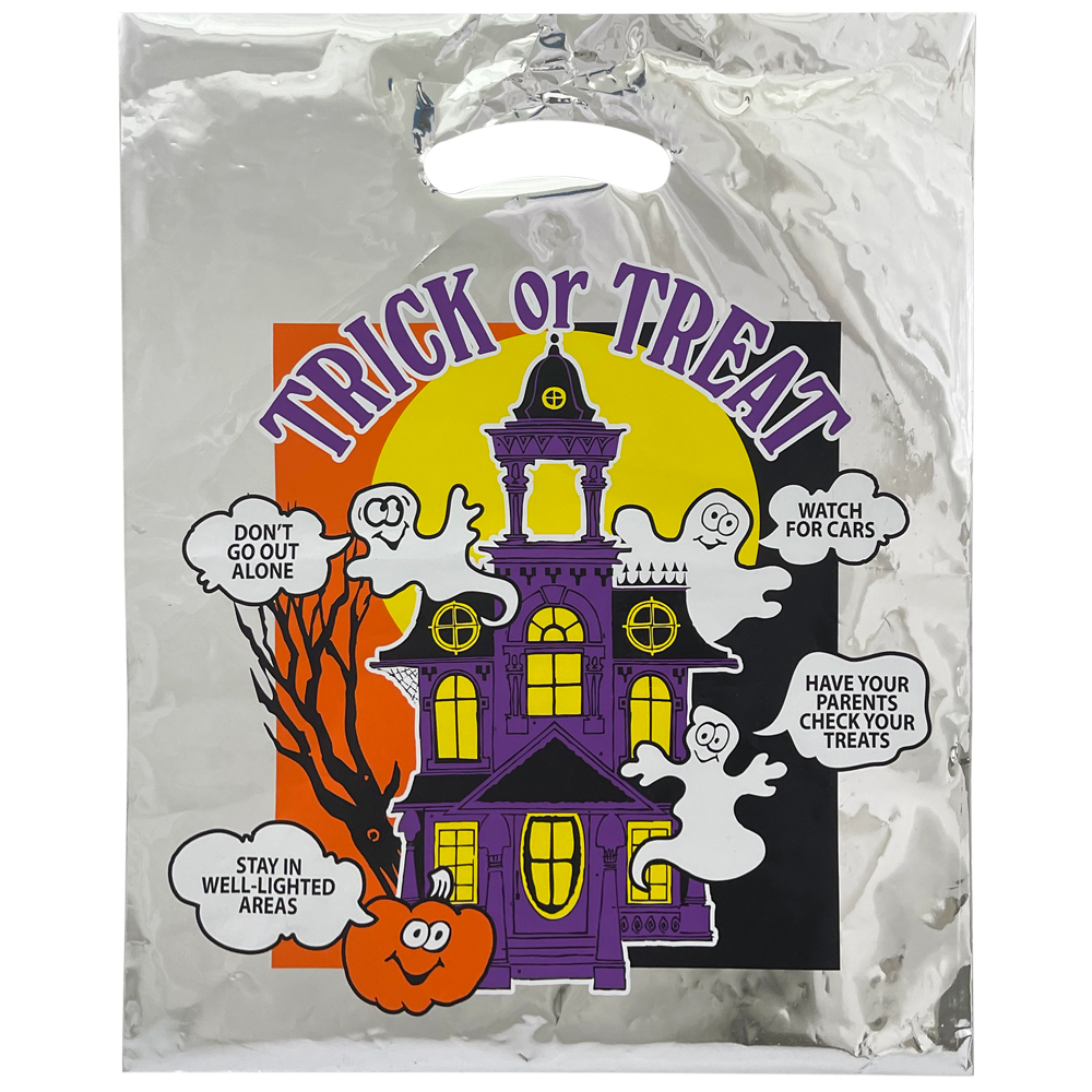 Haunted House Themed Silver Die Cut Handle Bags - 12 x 15 2.5 mil