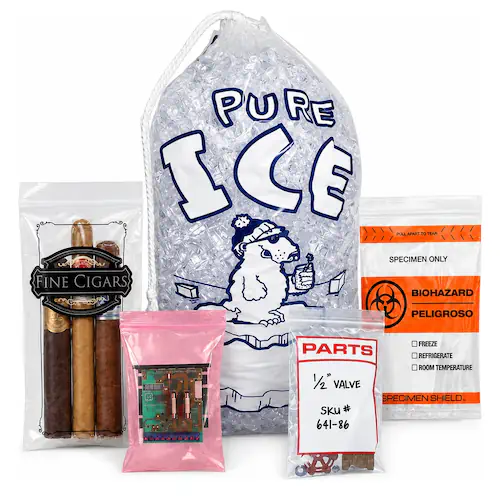 Bags by Application Specialty bags including a printed ice bag, cigar bag, ESD parts bag, and biohazard specimen bag.