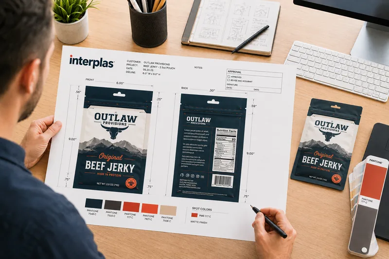 Custom printed bags and pouches, a designer reviewing an interplas print proof with Pantone swatches