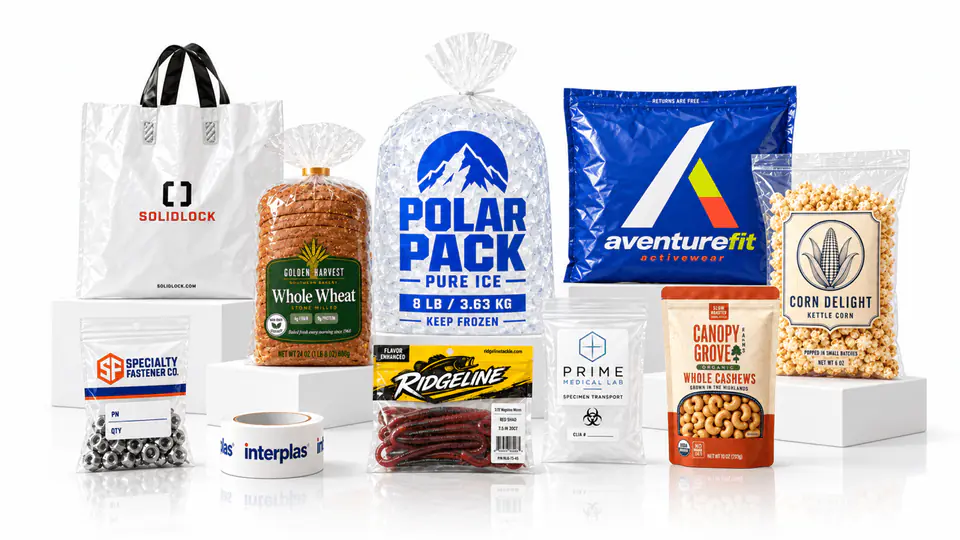 Custom Flexible Packaging Custom printed packaging: a branded tote bag, bread and ice bags, a poly mailer, stand-up pouches, zipper bags and printed packing tape