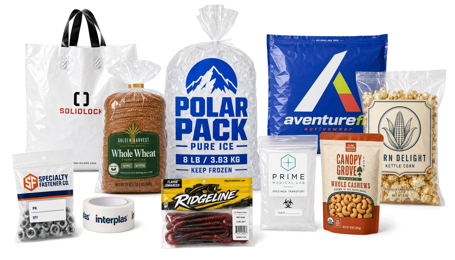 Custom Flexible Packaging Custom flexible packaging with printed branding: bags, stand-up pouches, poly mailers, and packing tape