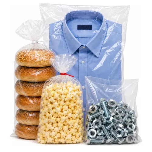 Poly Bags Three clear poly bags holding bagels, popcorn, and hardware beside a poly garment bag with a folded shirt.