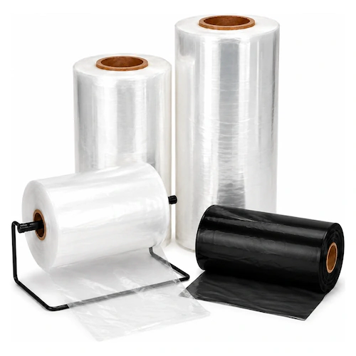 Film, Tubing & Sheeting Rolls of clear stretch film and poly tubing with a wire dispenser and a roll of black film.
