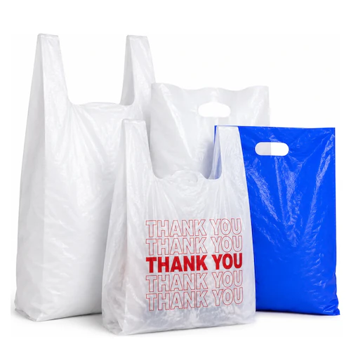 Retail & Shopping Bags White plastic t-shirt shopping bags, a red thank-you print bag, and a blue die-cut handle bag.