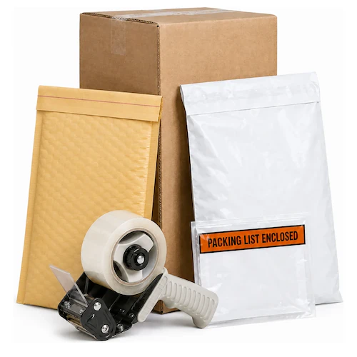 Shipping Supplies A corrugated shipping box, kraft bubble mailer, white poly mailer, tape gun, and packing list envelope.