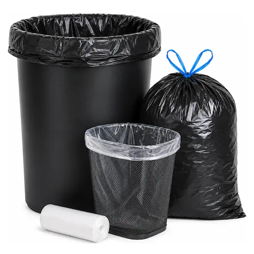 Trash Bags & Can Liners A black-lined commercial waste can, a tied trash bag, a clear-lined office bin, and a roll of liners.