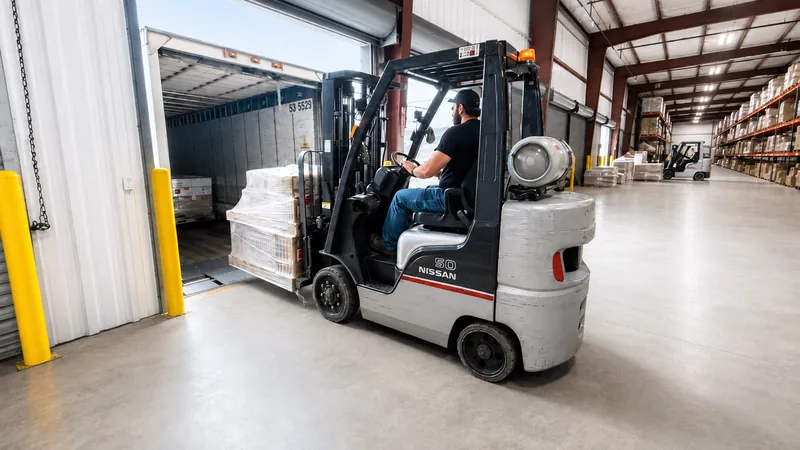 Wholesale bulk packaging prices, a forklift loading a pallet of stock for truckload shipping