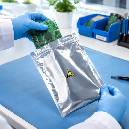 Electronics and ESD Packaging Technician sliding a circuit board into a silver static shielding ESD bag at an electronics bench
