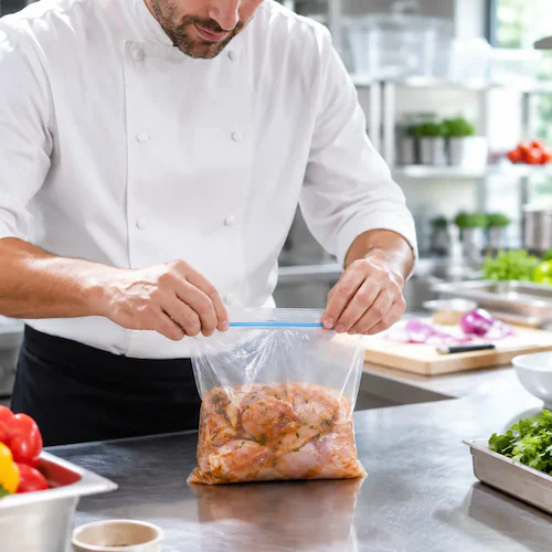 Food Service Packaging Restaurant cook sealing a clear reclosable zipper bag of prepped food on a commercial kitchen counter
