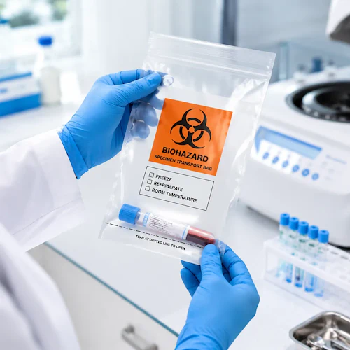 Medical Packaging Gloved lab technician holding a biohazard specimen transport bag with a blood sample tube inside