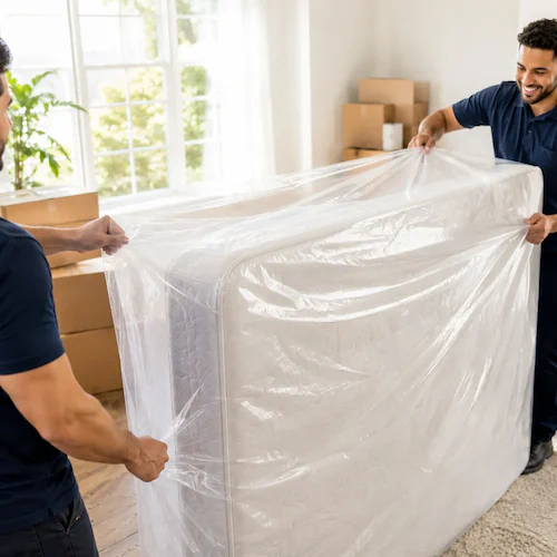 Moving and Storage Supplies Movers sliding a clear plastic mattress bag over a mattress in a bedroom on moving day