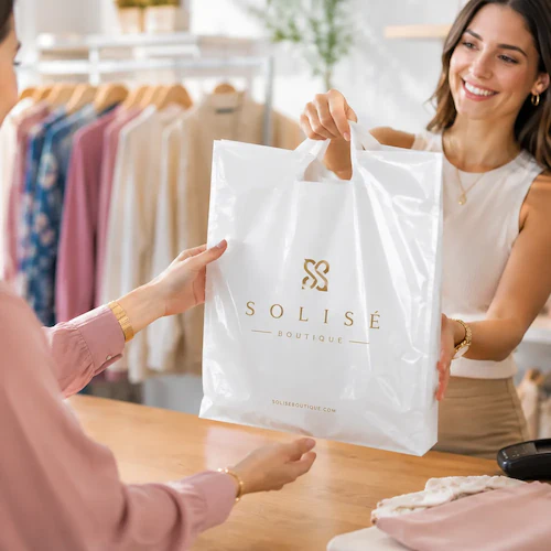 Retail and Apparel Packaging Store associate handing a printed shopping bag to a customer at a boutique checkout counter