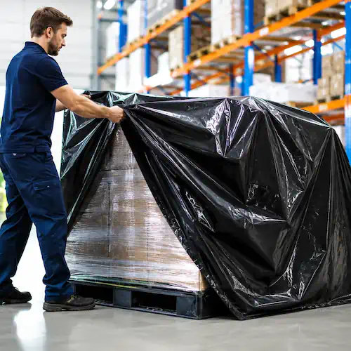 Warehouse and Industrial Supplies Warehouse worker pulling a black pallet cover over a stacked pallet in a distribution center