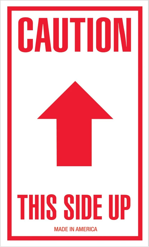 Red Text Caution This Side Up on a white label stock background