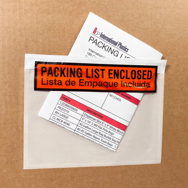 Close up of 7 x 5.5 Packing List Enclosed Spanish & English Packing List Envelope on Box