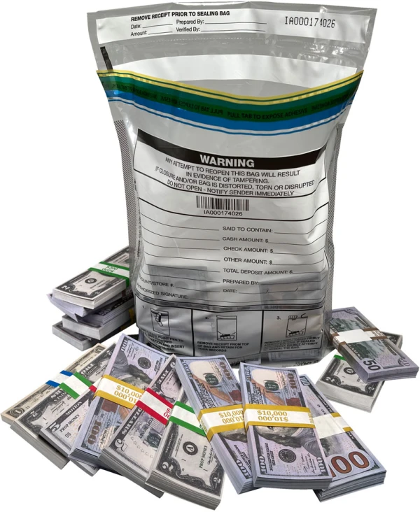 Plastic Clear Deposit Bags 12x16 Secur-Pak with Stacks of Money