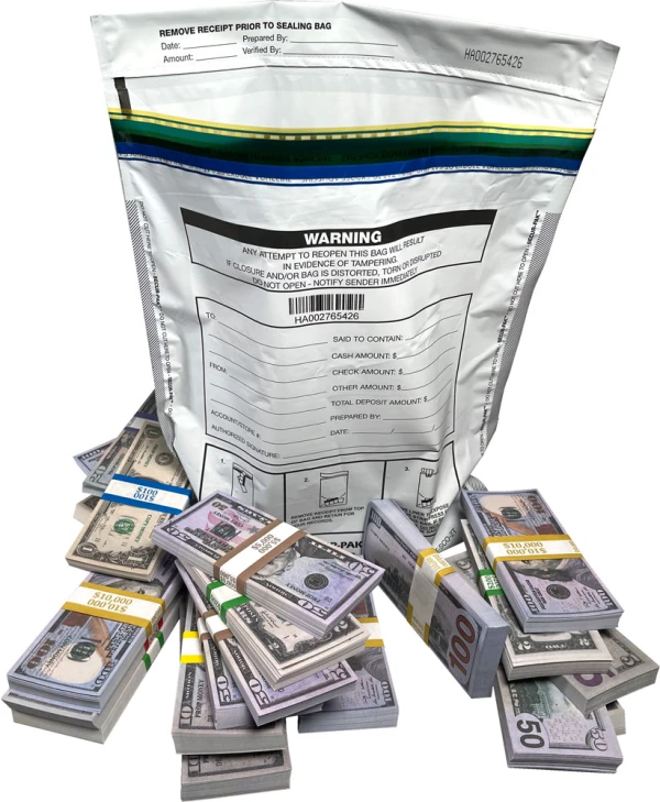 Plastic Security Bags 12 x 16 Secur-Pak Surrounded by Stacks of Cash