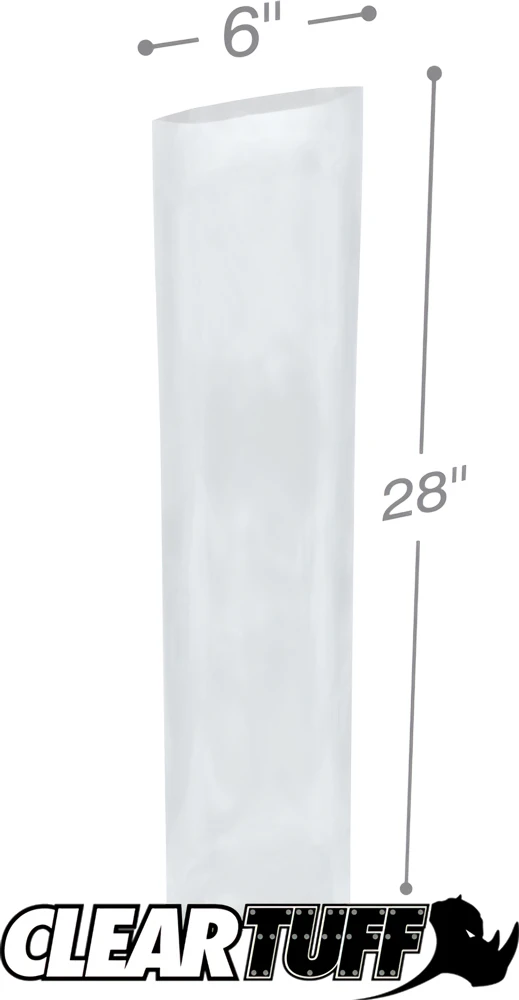 Clear 2 Mil 6 x 28 Poly Bags with Dimensions