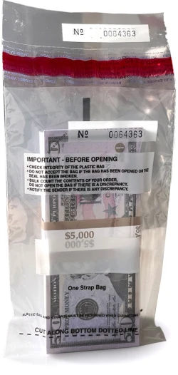 Plastic Currency Bags with a stack of Cash