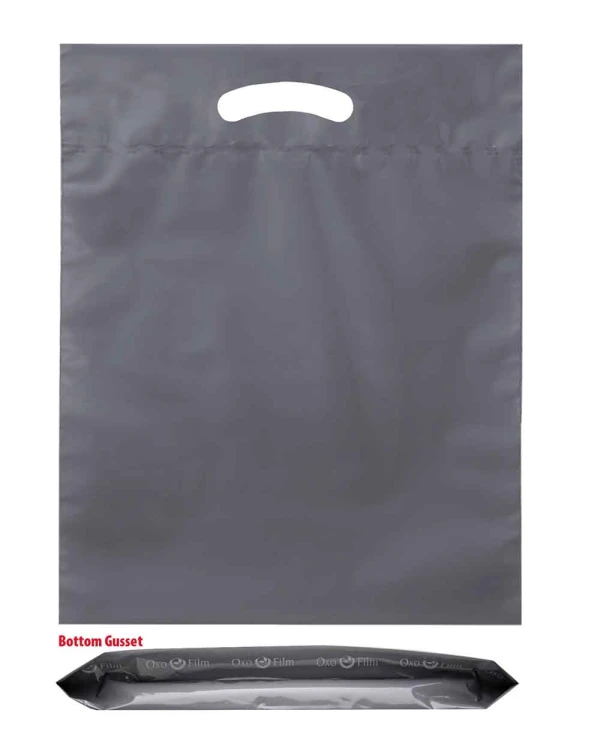 15 x 18 x 3 bottom gusset gray die cut handle bags