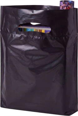 9" x 13" 2.5 Mil Black Fold-Over Reinforced Die Cut Handle Bags
