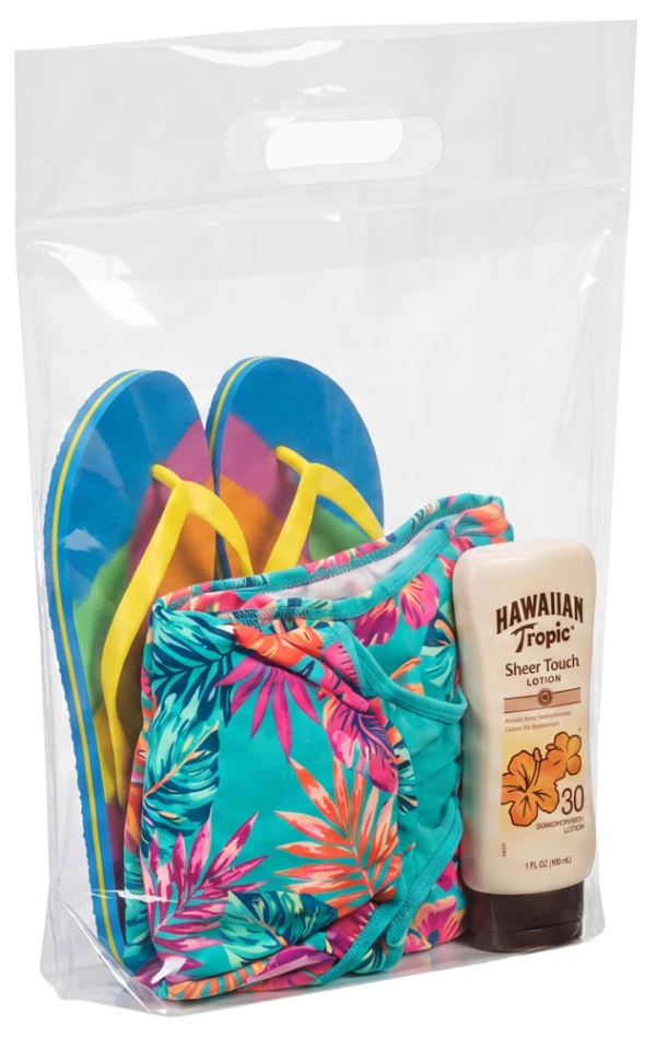 Merchandise inside of a 9x13+2 2.5 Mil Clear Fold-Over Reinforced Die Cut Handle Bags