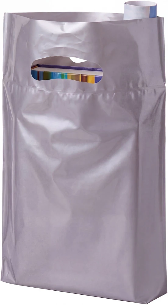 9x13+2 2.5 Mil Silver Fold-Over Reinforced Die Cut Handle Bags Holding Merchandise