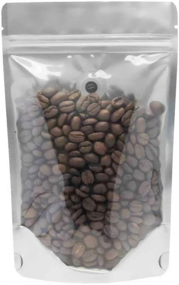 Clear/Gold 8 oz. Stand Up Pouch with Valve with Coffee Beans