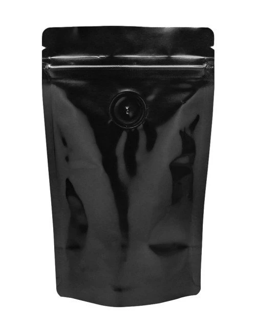 2 oz Stand Up Pouch with valve Black PET/ALU/LLDPE