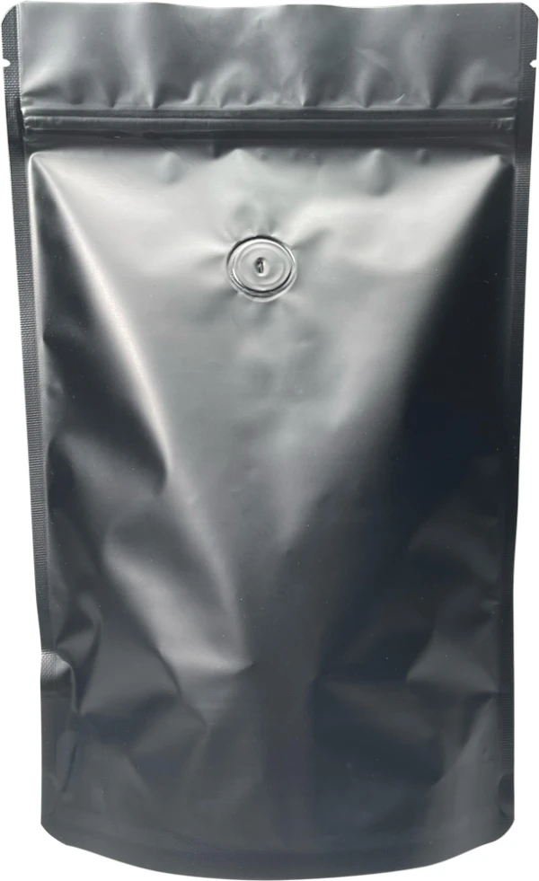 12 oz Stand Up Zipper Pouch Bags with valve - 6 3/4 x 10 1/2 + 3 1/2 MATTE BLACK - MBOPP/PET/ALU/LLDPE