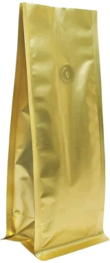 8 oz. Block Bottom Side Gusset Bags with valve - 3 1/2 x 2 3/4 x 9 3/8 Matte Gold