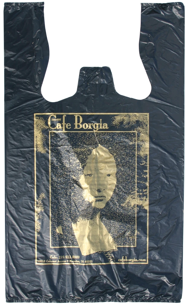 Custom Printed Metallic Gold Ink on Black T-Shirt Bag