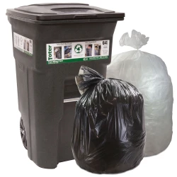 55 - 64 Gallon Trash Bags 64 Gallon Trash Can with Black and Clear Trash Bags Next to it