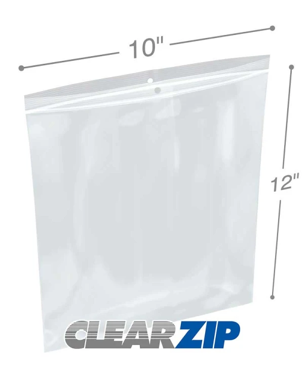 10 x 12 Hang Hole Zipper Locking 2 Mil  Polypropylene Bags