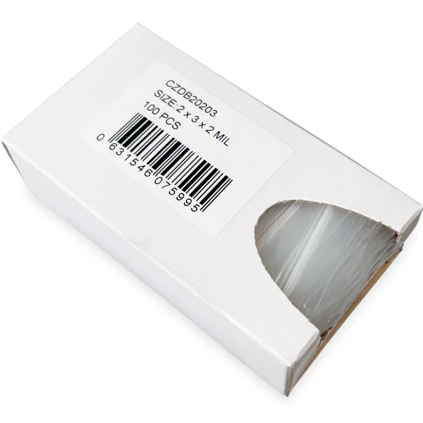 Opened Side Dispenser of 2 x 3 2 Mil Clearzip Lock Top Bags w/ Dispenser Box