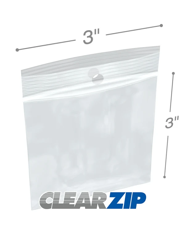 3 x 3 Clearzip Locking Top Bags with Hang Hole 2 Mil