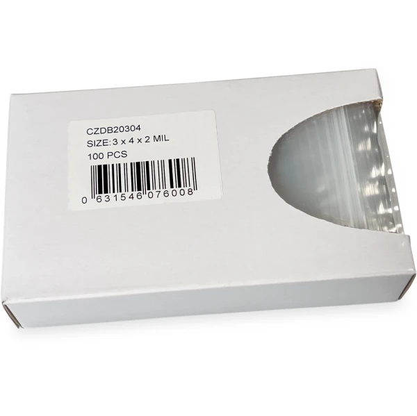 Opened Side Dispenser of 3 x 4 2 Mil Clearzip Lock Top Bags w/ Dispenser Box