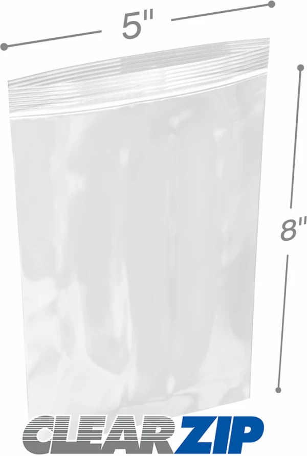 5 x 8 zip top reclosable plastic storage bags, 2 mil thick, 100