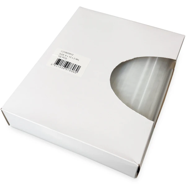 Opened Side Dispensing of 9 x 12 2 Mil Clearzip Lock Top Bags w/ Dispenser Box