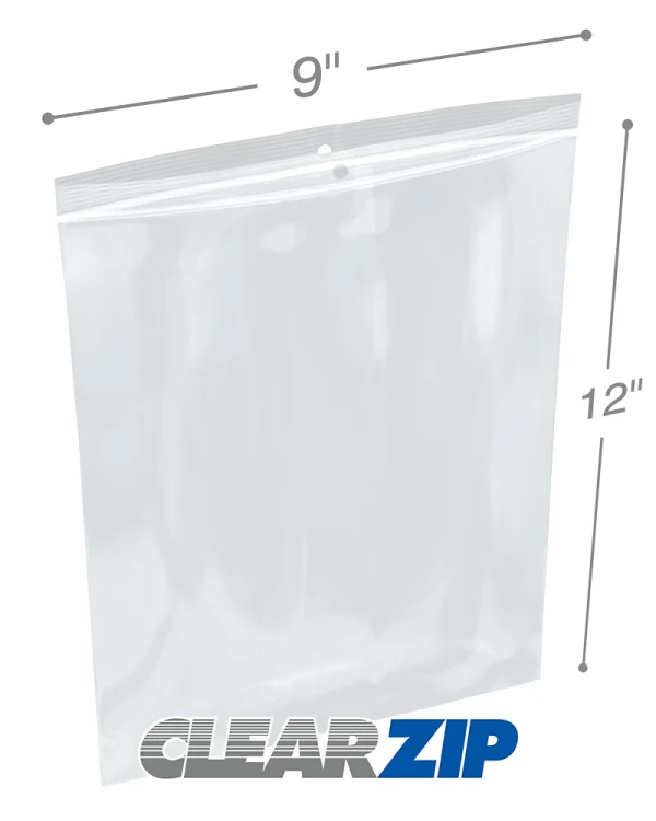 9 x 12 Clearzip Locking Top Bags with Hang Hole 4 Mil