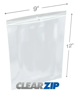 9" x 12" Hang Hole Clearzip® LockingTop Bags 4 Mil
